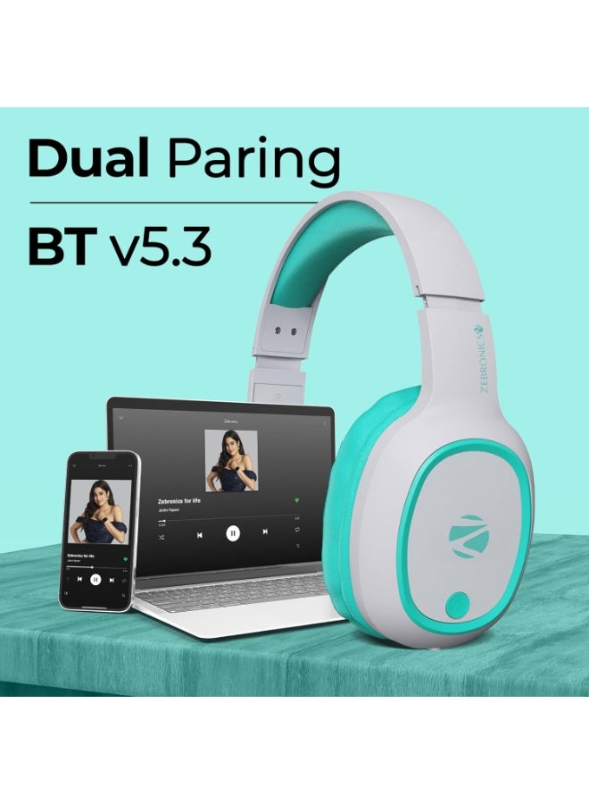 ZEBRONICS Thunder Bluetooth 5.3 Wireless Over Ear Headphones with 60H Backup, Gaming Mode, Dual Pairing, Enc, Aux, Micro Sd, Voice Assistant, Comfortable Earcups, Call Function (Sea Green) - Image 4